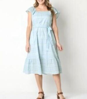 Blue green Plaid Sundress Womens SZ XL Midi Belted Fit & Flare Lt.weight Cotton